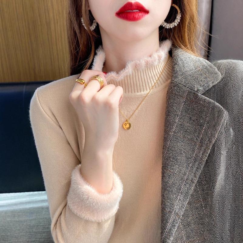 One-piece Fleece Sweater Women's Autumn and Winter New Fleece Thickened Bottoming Shirt with Warm Knitted Semi-turtleneck Top