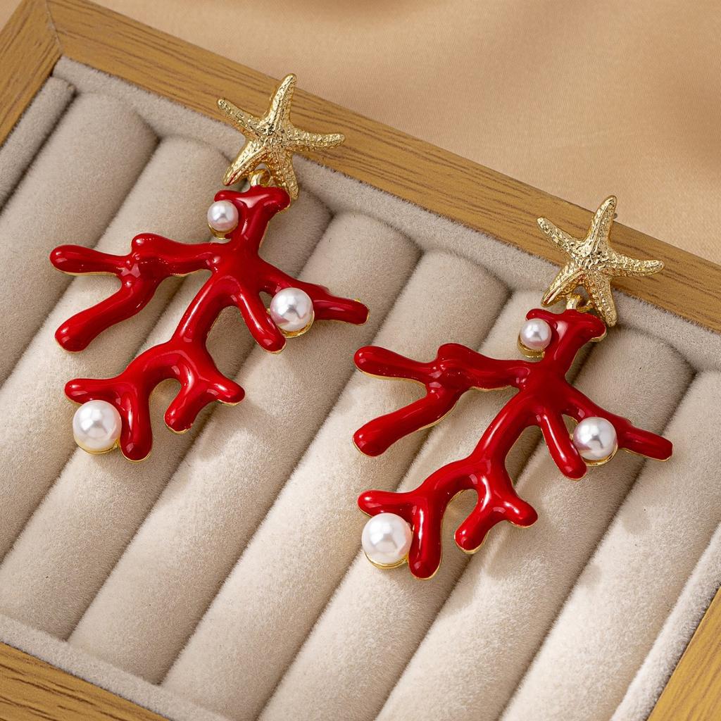 Серьги из красного коралла для женщин Элегантные серьги с искусственным жемчугом и морской звездой Богемные летние пляжные украшения и аксессуары