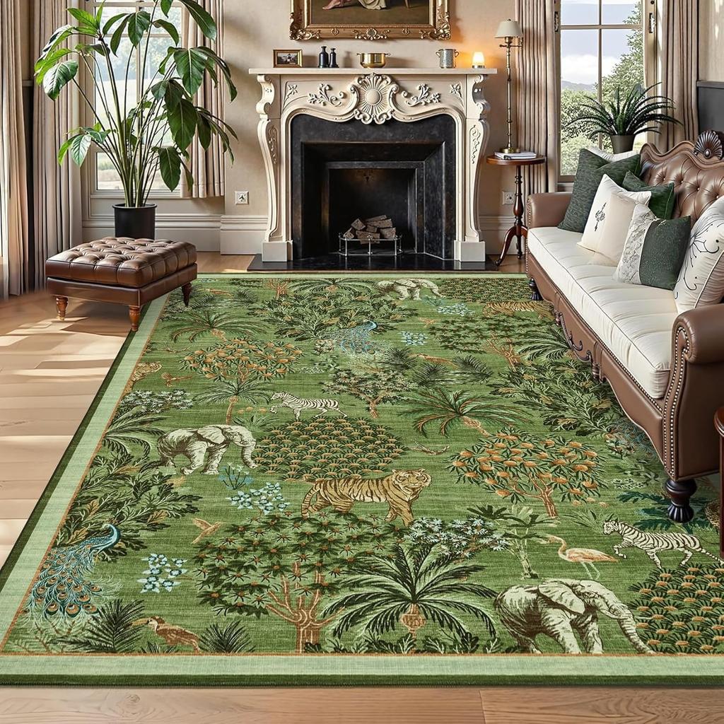 Green Living Room Carpets Nordic Style Jungle Animal Plant Print Bedroom Rug Vintage Machine Washable Non-Slip Coffee Table Mats