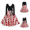 Ladies Vintage Dress V Neck Flower Edge A-line Bow Decor Big Swing Plaid Print Midi Dress Contrast Color Long Sleeve Gothic Christmas Party