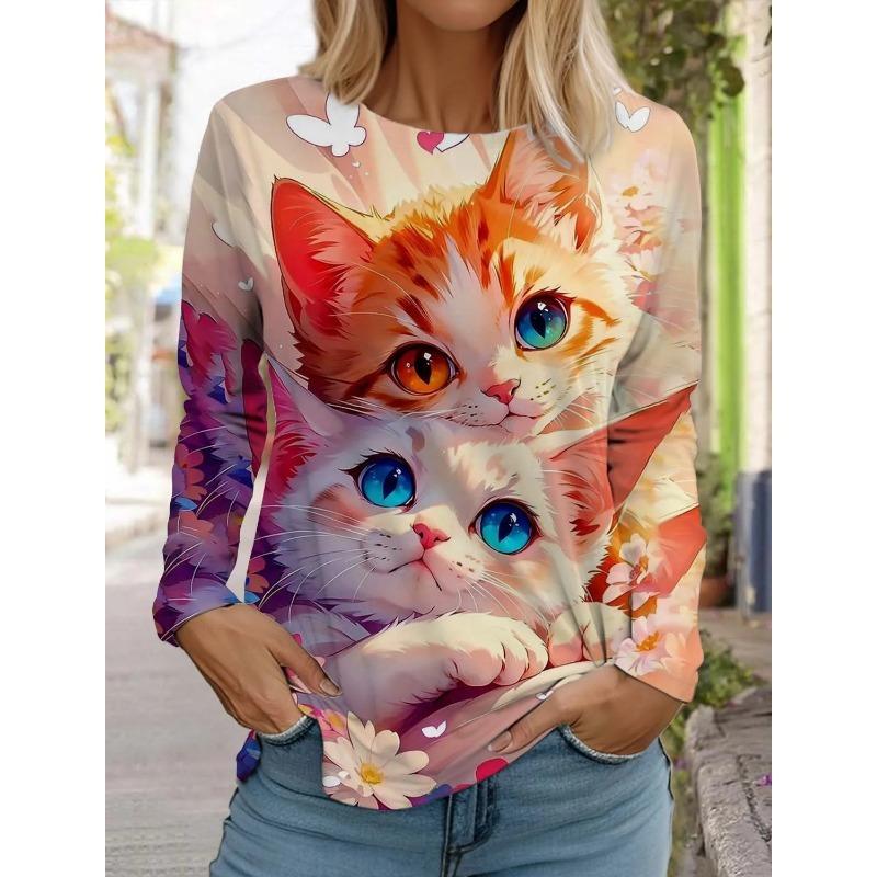 Women's Cute Cat Long Sleeves T-Shirt Round Neck Long Sleeved Autumn Animal Clothing Holiday Gift Clothing Fashion Party T-Shirt