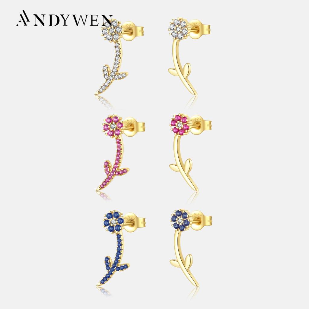 ANDYWEN Серьги-гвоздики из стерлингового серебра 925 пробы с золотым цветком и цирконием CZ, прозрачные розовые, красные, синие Pendientes, женские ювелирные зажимы