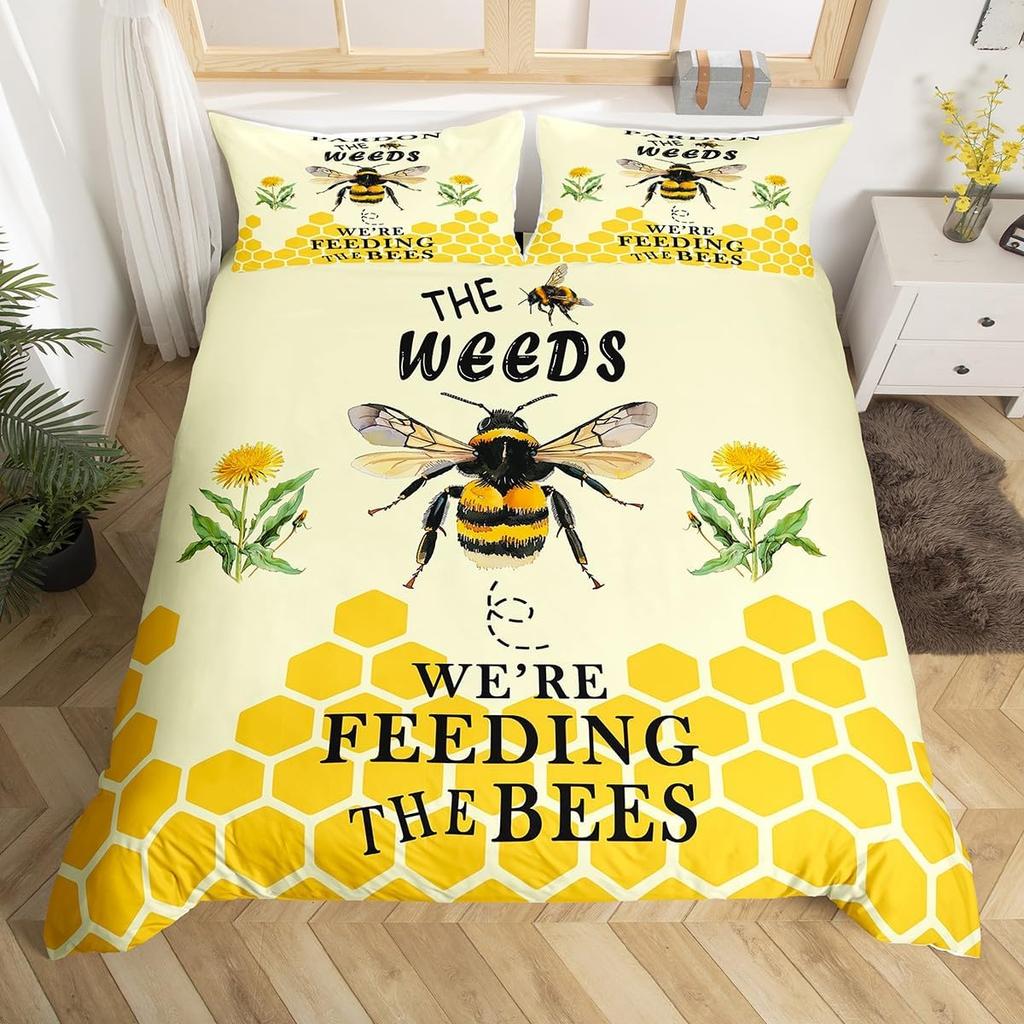 Bee Duvet Cover Twin Honeybee Bedding Set Farmhouse Wild Animal Comforter Cover Boho White Daisy Flowers Floral Wreath Bed Set