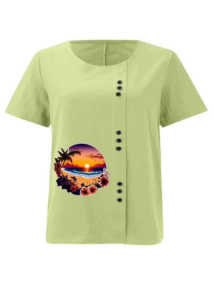 Women's Fashion Landscape Pattern Print Round Neck Short Sleeve T-shirt Summer Casual Cotton Linen Graphic Shirt Leisure Loose Blouse Tops