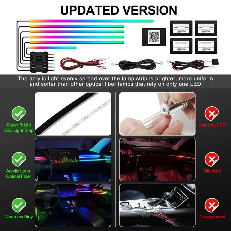10 в 1 64-цветная RGB-симфония Автомобильная подсветка салона Акриловая направляющая Светодиодная лента Декоративная лампа атмосферы с управлением через приложение