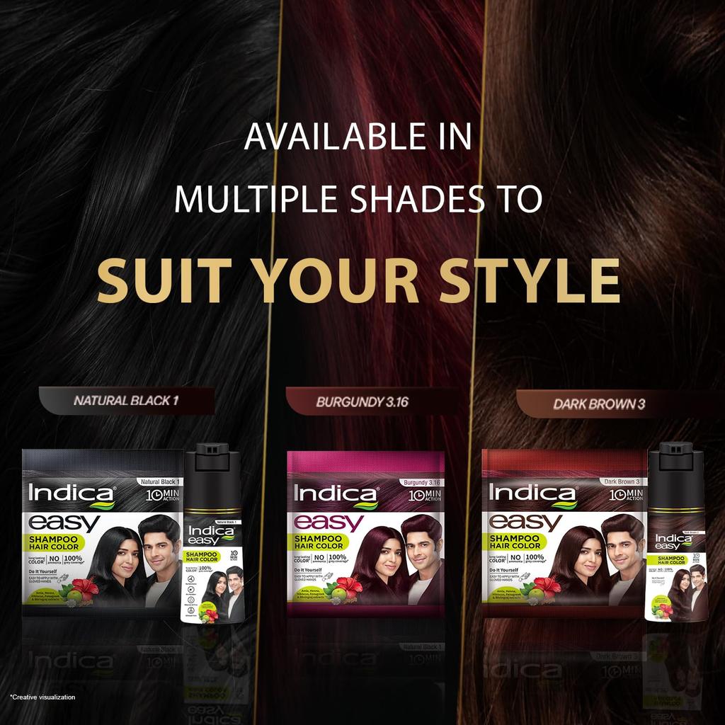 Indica Easy Do-It-Yourself Hair Color Shampoo Pump Pack with 5 Herbal Extracts and 100% Ammonia Free, 180 ML - Natural Black Colour (Gloves Included)