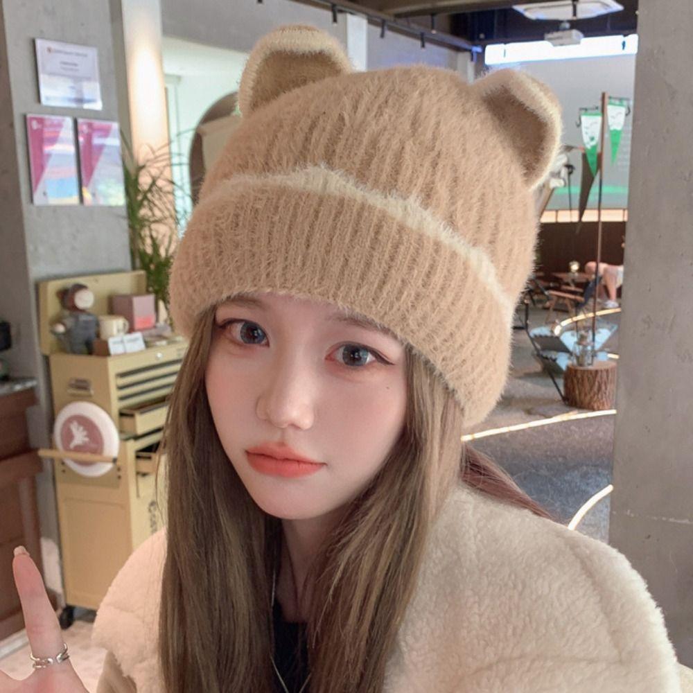 Сохраняйте тепло, вязаная шерстяная шапка, утолщенная вязаная шапочка, милая шапочка с кошачьими ушками для девочек