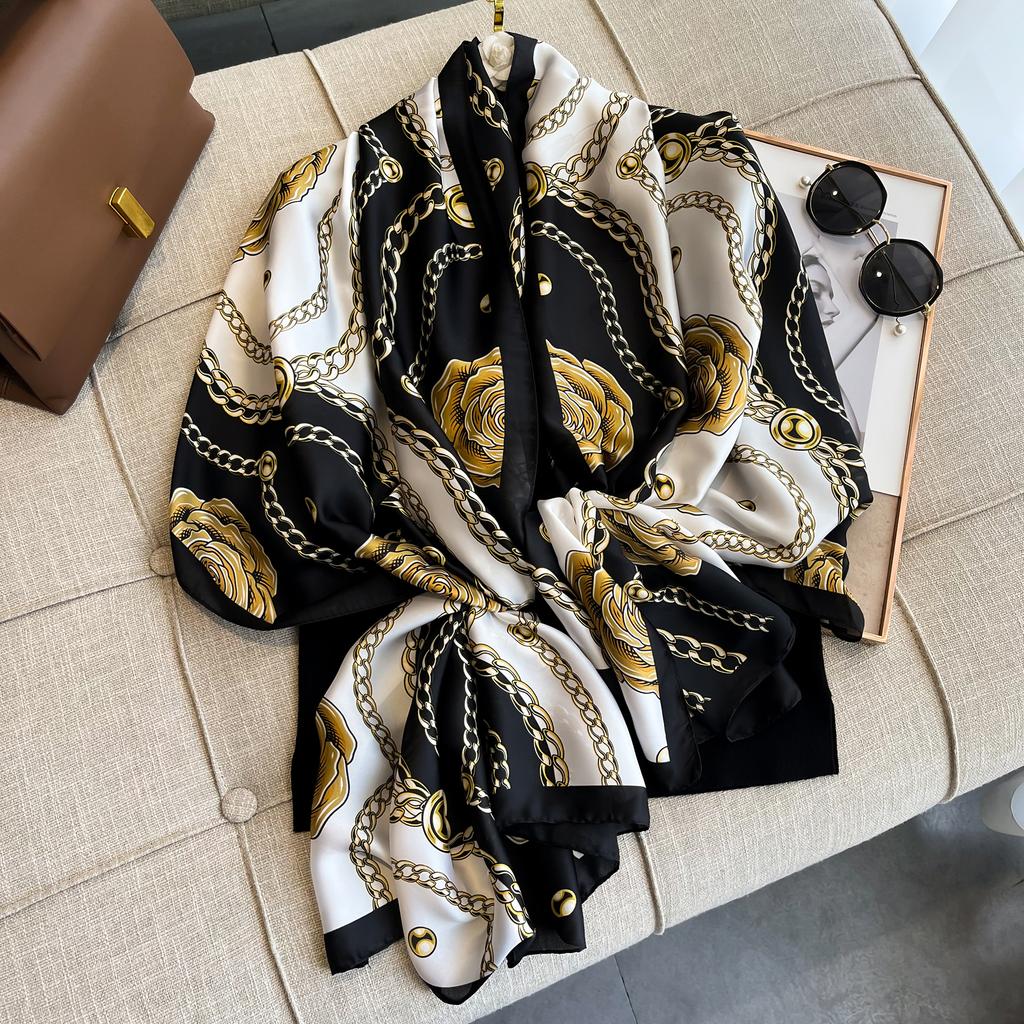 Large Silk Soft Scarf Women Stylish Print Long Shawl Handkerchief Summer Sun Protection Elegant Travel Wrap Handkerchief