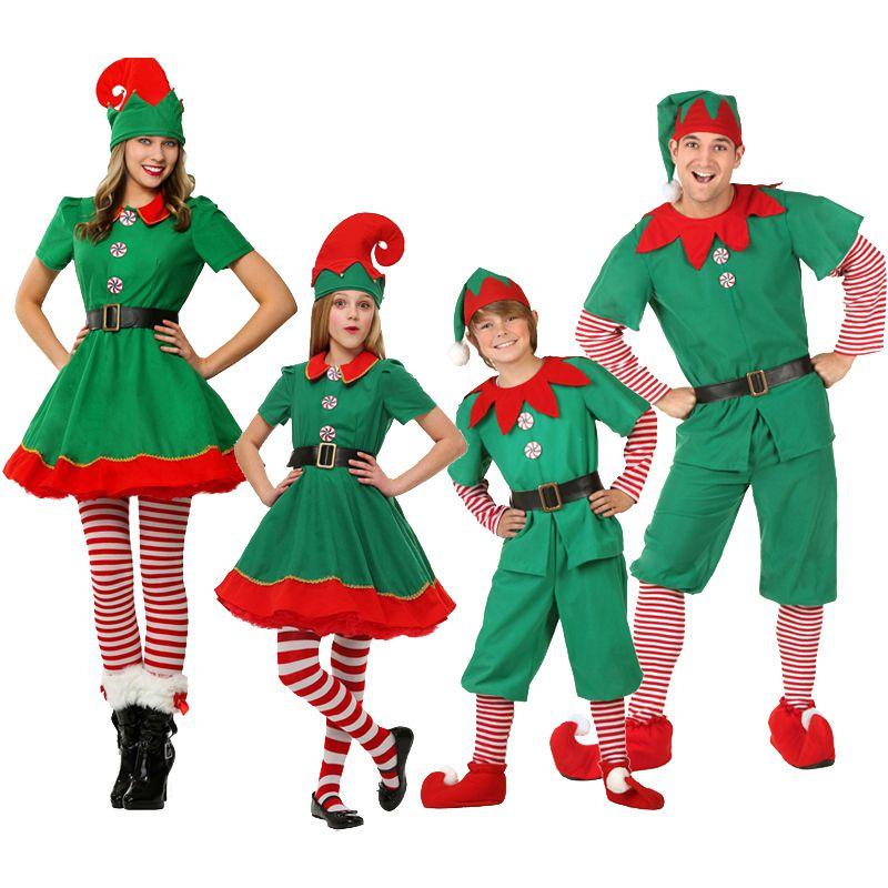 Радостный семейный рождественский косплей-костюм с дизайном зеленого эльфа Санта-Клауса для всех возрастов