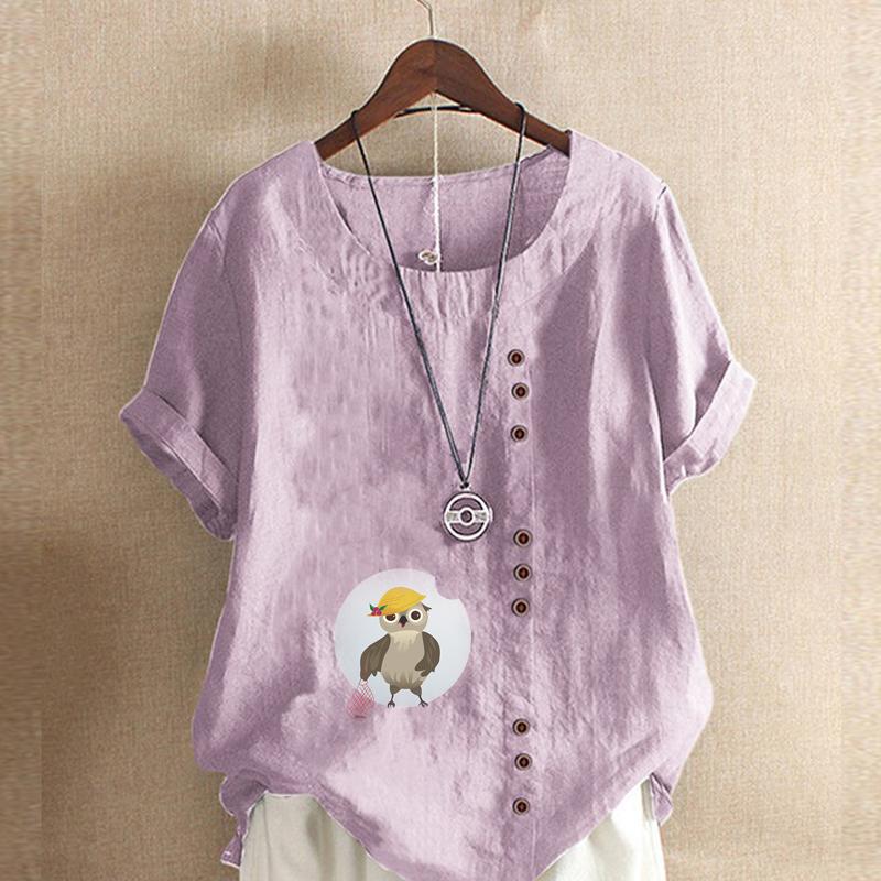 Women's Fashion Round Neck Short Sleeve T-shirt Casual Cotton Linen Graphic Shirt Leisure Loose Owl Prined Summer Blouse Tops