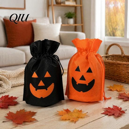 Lightweight Pumpkin Totes for Sweets 5 Pcs Halloween Treats Bag, Non-woven Fabric Candy Small Drawstring Bags Dessert Shops Snack Goodie Party Favors