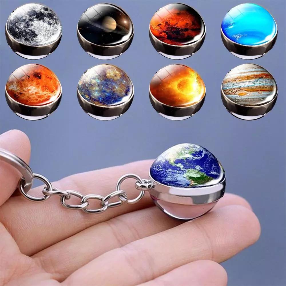 Sun Earth Glass Ball Moon Nebula Double Side Luminous Keychain Solar System Planet Keyring
