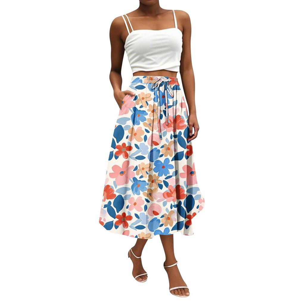 Женская юбка в стиле бохо с цветочным принтом, однотонная повседневная юбка с карманами