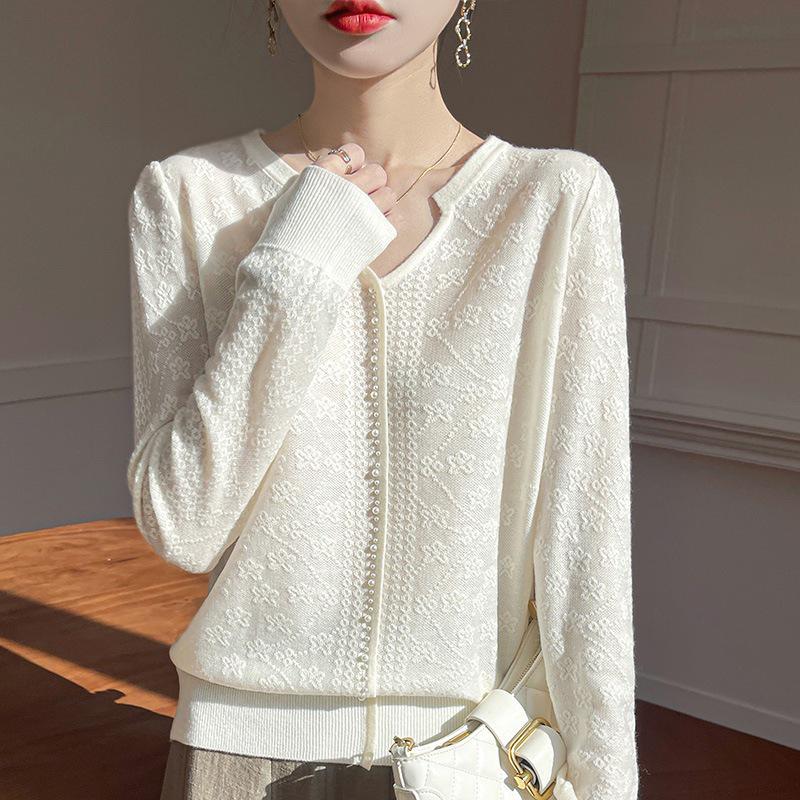 Легкий женский пуловер с V-образным вырезом из шерсти с вязаным крючком дизайном для весны и осени