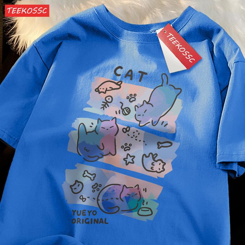 Colorful Three Cats Trendy Loose And Breathable Pure Cotton Summer Short Sleeved T-shirt Men Women Dreamy Fun Cat Cute Clothing