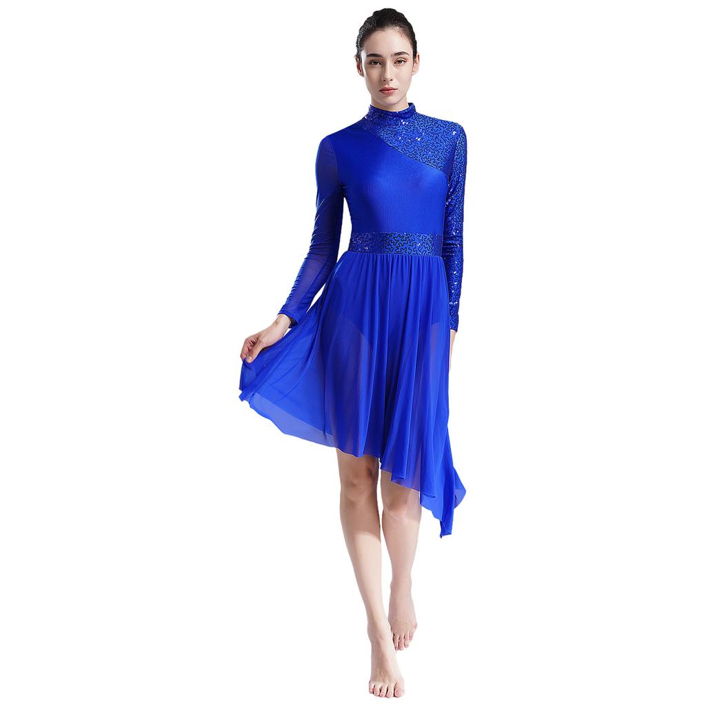 Women Sparkly Sequins Modern Lyrical Dance Dress Long Sleeve Irregular Hem Dresses Performance Costume