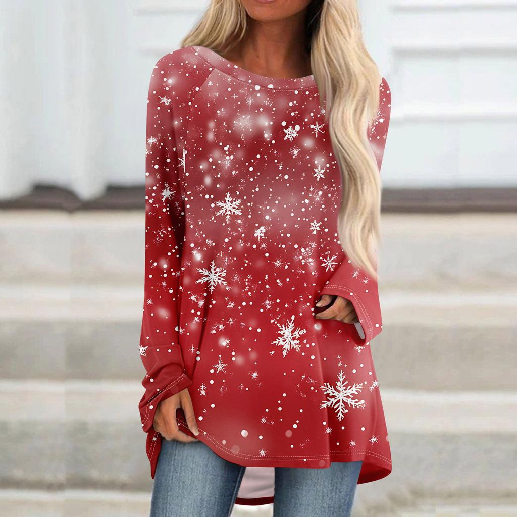 Женский модный свободный свитер средней длины с круглым вырезом и рождественским принтом, рукава реглан, повседневный топ с длинными рукавами