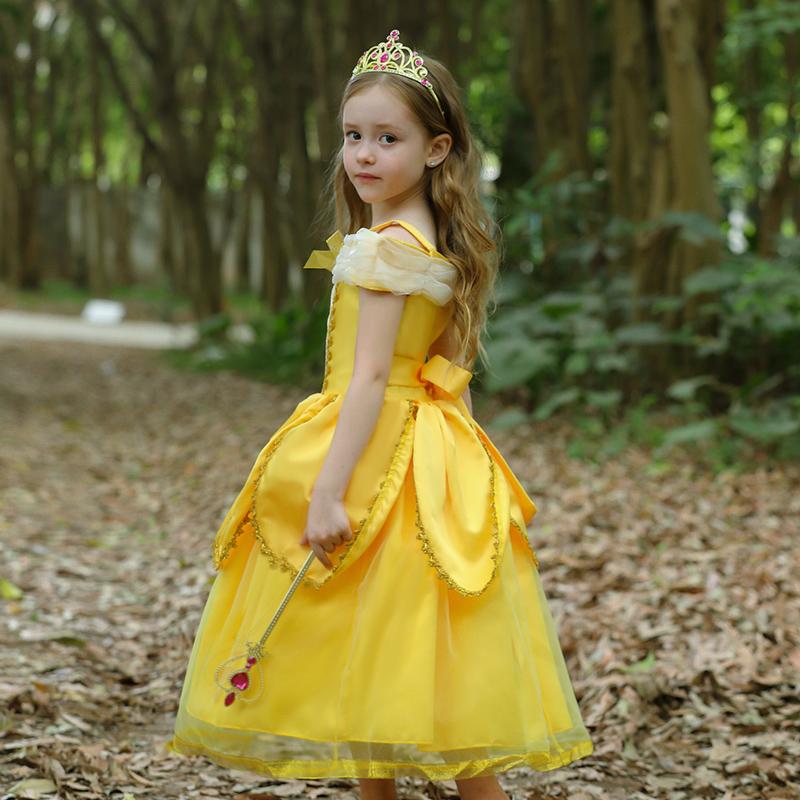 Костюм Красавицы и Чудовища для девочек, карнавальное нарядное платье на Рождество, Хэллоуин, бальное платье красавицы принцессы на день рождения, желтое, 3, 4, 5, 6, 7, 8, 9, 10 лет