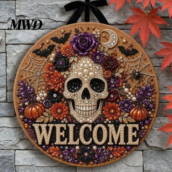 Welcome Sign Halloween Pearl Diamond Art Sign, 2D Flat Rhinestone Painting Craft Entryway Hanging Wooden Ornament, Sparkling Ghost Cat Grim