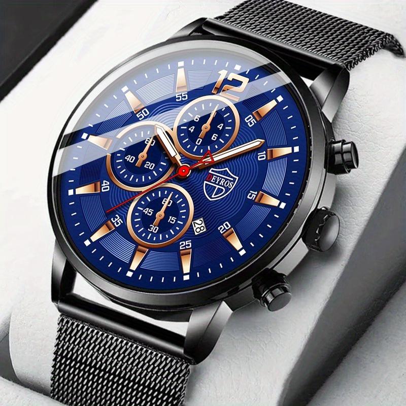 3pcs/set Fashion Men's Sports Stainless Steel Mesh Belt Quartz Watch & Bracelet Neckalce Set