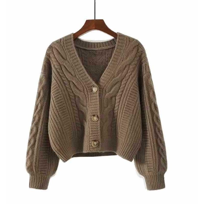 Gentle Wear V-neck Twist Sweater Women's Autumn and Winter Wear Small Lazy Wind Knitted Cardigan Short Coat Top