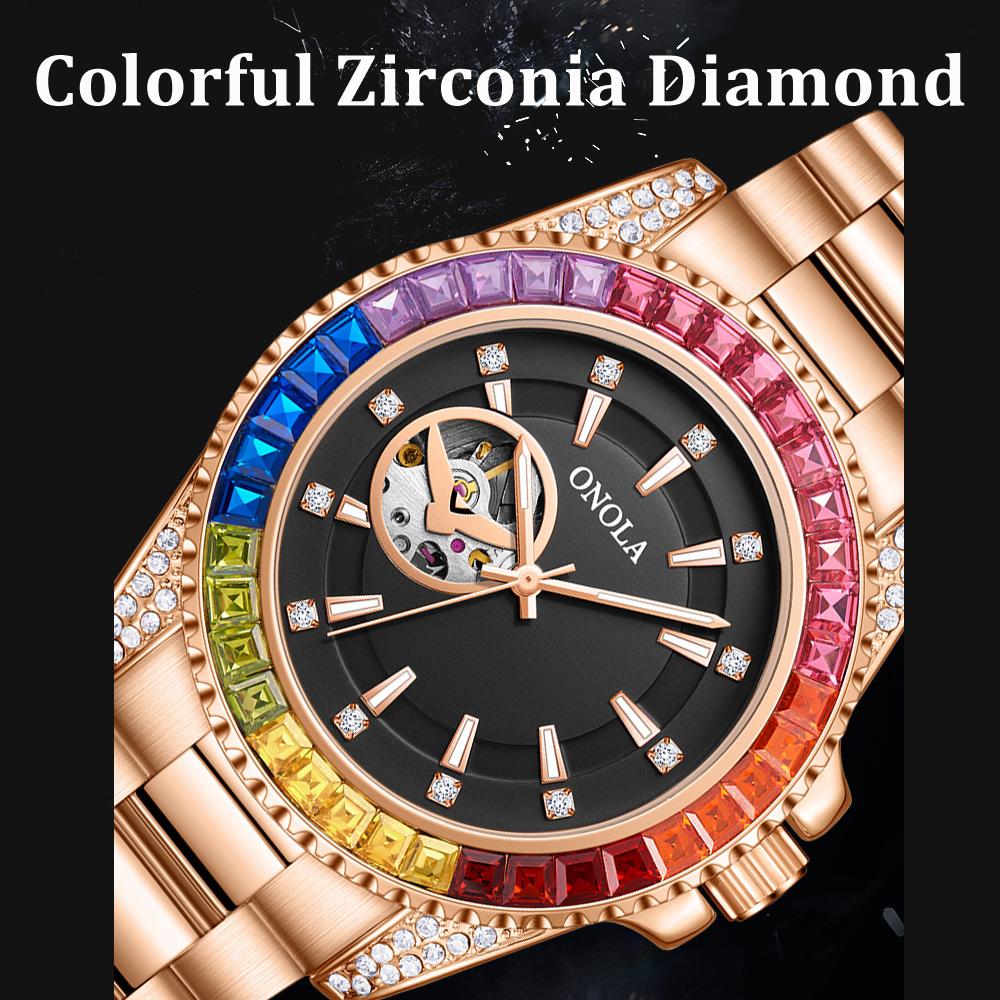 Fashion Mens Watches Color Diamond Waterproof Hollow Flywheel Stainless Steel Automatic Mechanical Watch For Men