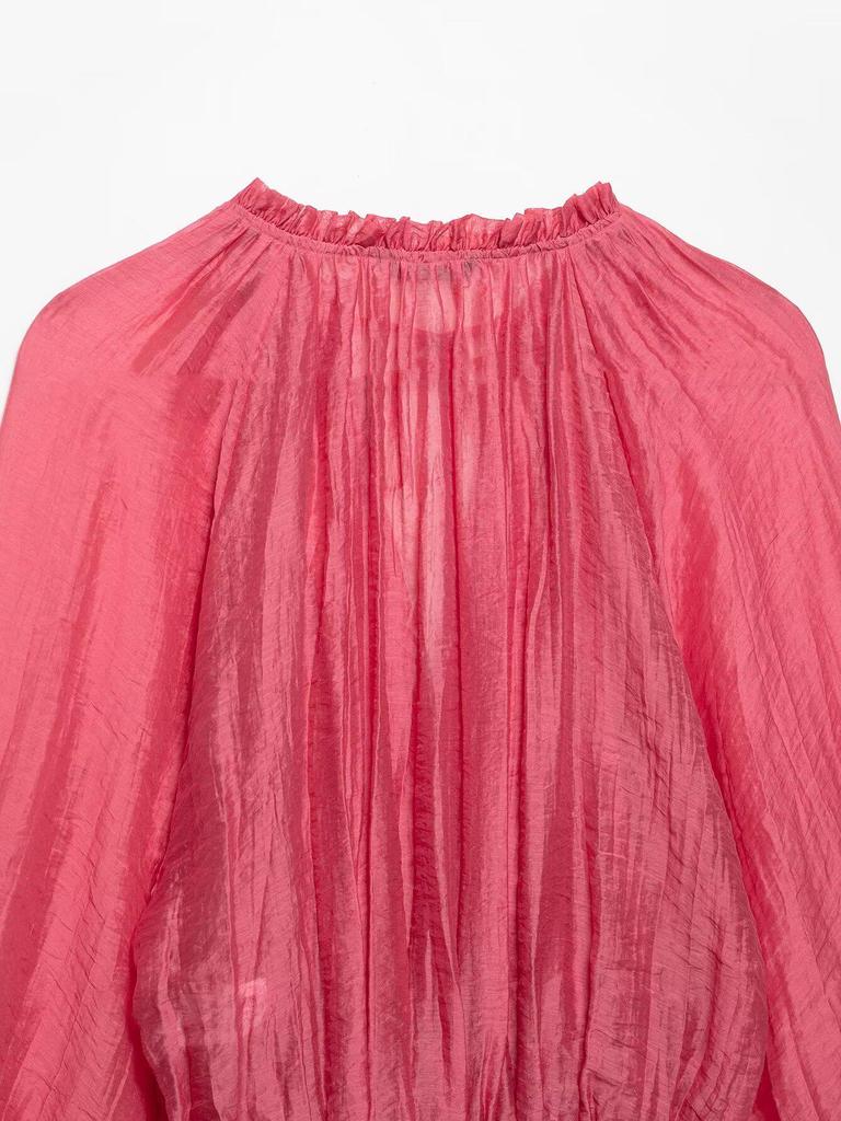 Женский комплект ZA Весна 2025 Европейский и американский стиль Жатый волан Стойка Короткий топ и юбка миди