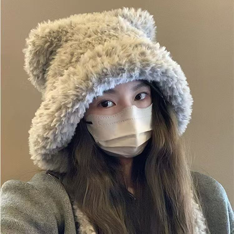 Милая шапка с ушками медведя женская зимняя большая окружность головы вязаная пушистая шапка велосипедная морозостойкая пушистая шапка-пуловер