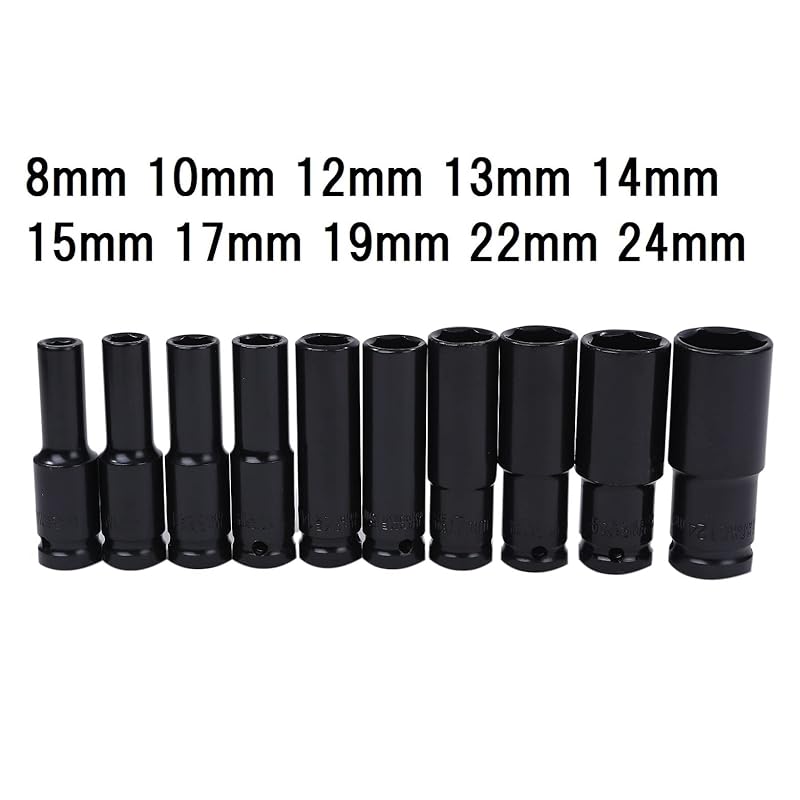 Набор глубоких торцевых головок из 10 предметов, шестигранный, угол привода 1/2 дюйма, 12,7 мм, ударный гайковерт, длинная торцевая головка 24 мм, 22 мм, 19 мм, 17 мм, 15 мм, 14 мм, 13 мм, 12 мм, 10 мм, 8 мм MK-090