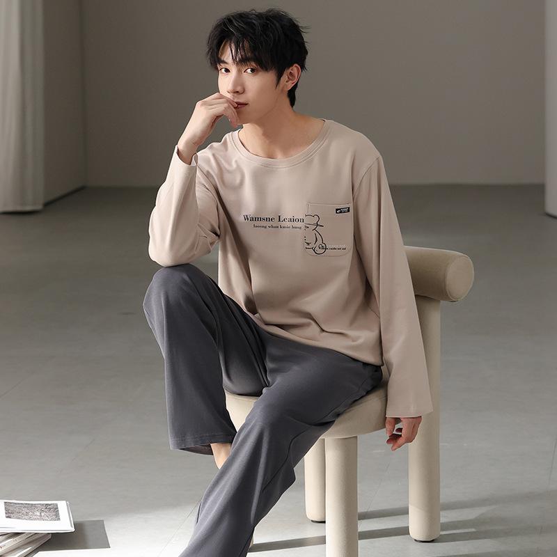 Тип Пижамный костюм из чистого хлопка на осень-зиму для мужчин с длинными рукавами из хлопка, комплект домашней одежды для мужчин, мягкая домашняя одежда для мужчин