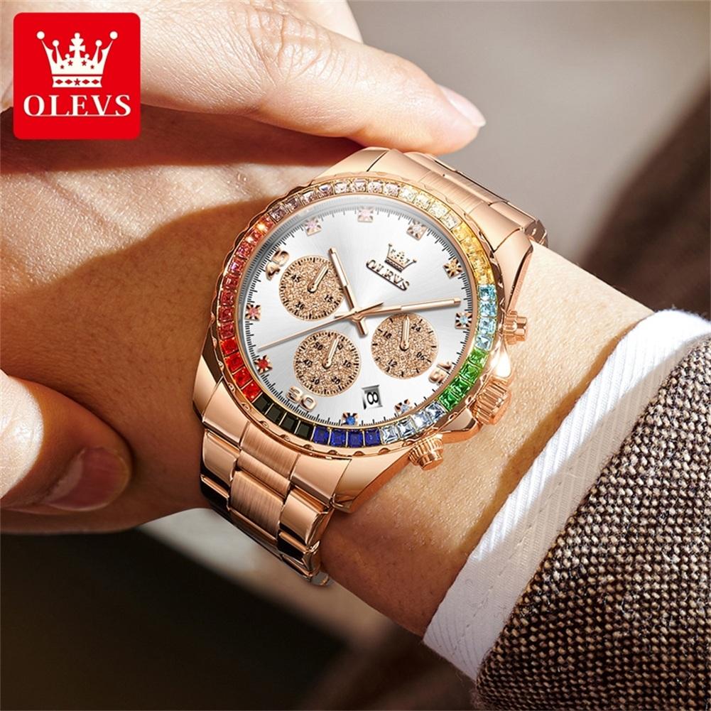 OLEVS 2939 Watch for Men Rainbow Gemstone Bezel Chronograph Luminous Men's Dress Quartz Wristwatch Luxury Business Man Watch