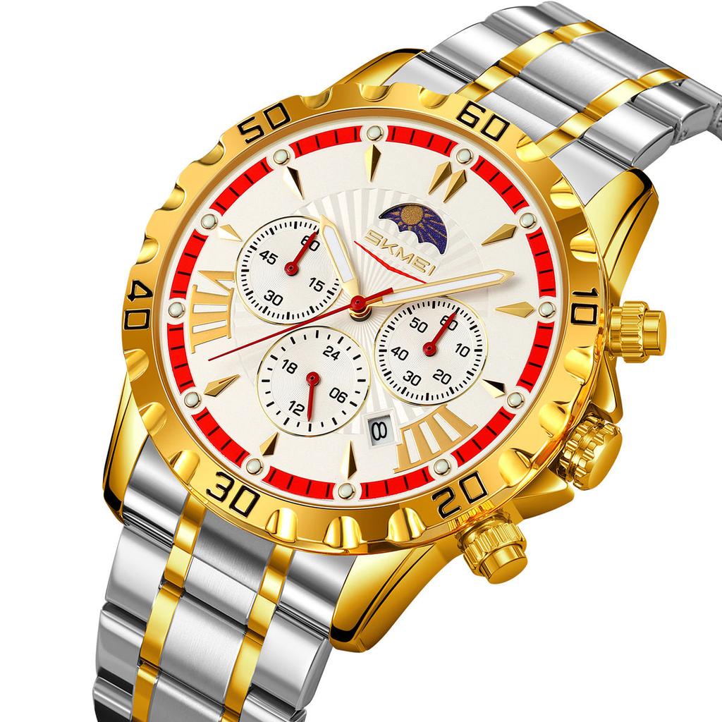 Роскошные золотые часы для мужчин, модные водонепроницаемые мужские наручные часы с фазами Луны, кварцевые мужские часы Relogio Masculino