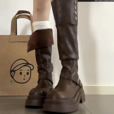 Модные осенне-зимние женские ботфорты в рыцарском стиле, лаконичные слипоны на толстой подошве, женские винтажные ковбойские боты в западном стиле