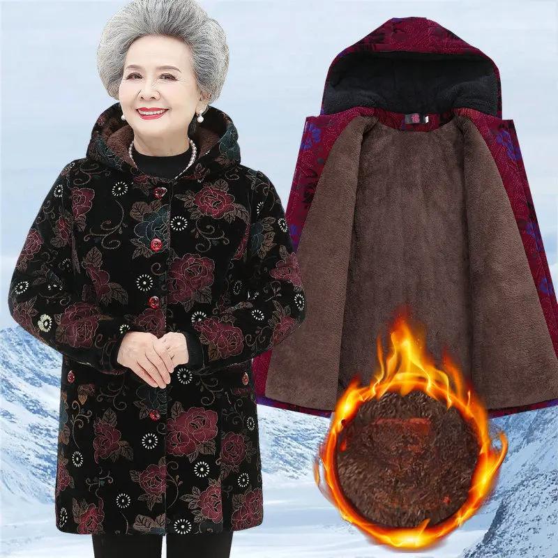 Elderly Women Winter Jacket Coats 5XL Old People Warm Outerwear Thicken Warm Velvet Hooded Parkas Grandmother Parka