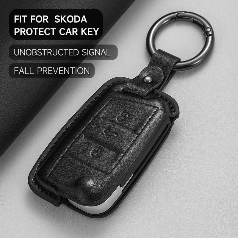 KTDJ9 Leather Car Key Cover Case Protection Shell Keychain For Skoda Octavia A5 kodiaq Fabia Scala Karoq Superb Kamiq Rapid Yeti