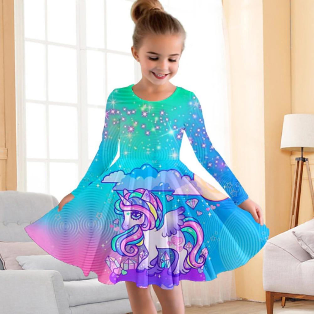 Girl Casual 3D Unicorn Pattern Print Round Neck Long Sleeve Dress Kid Princess Dress