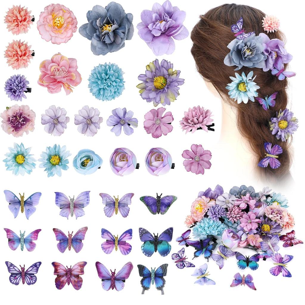 Hair Clip Set, 32 Pieces Flower Clip with Butterfly Clip Set for Women Girls Artificial Rose Hair Barrettes Butterfly Pins (Yellow, Green) |