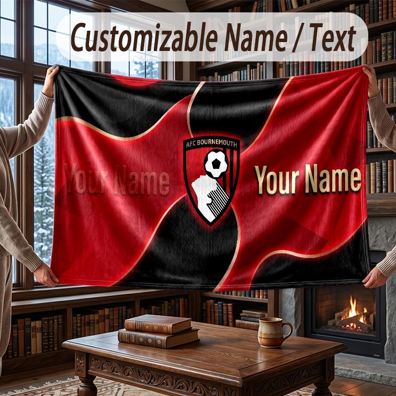 Custom Name Flannel Throw Blanket Bournemouth Football Pattern Warm Home Decoration