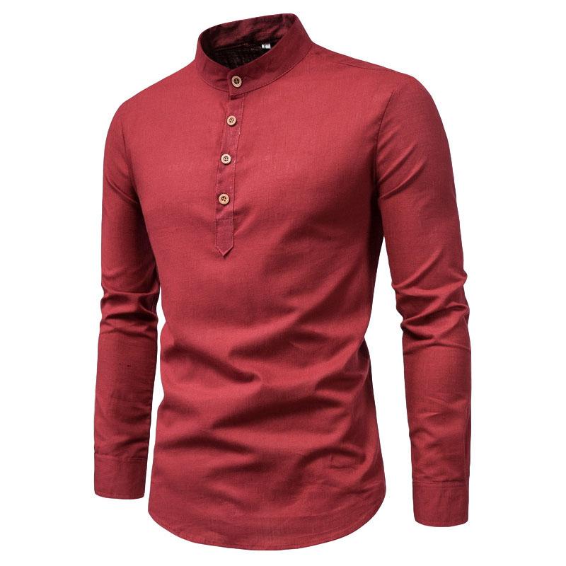 Linen Men Shirt Casual Slim Business T-shirts Half Button Pullover Long Sleeve Thin Top Solid Color Stretch Undies Men Clothing