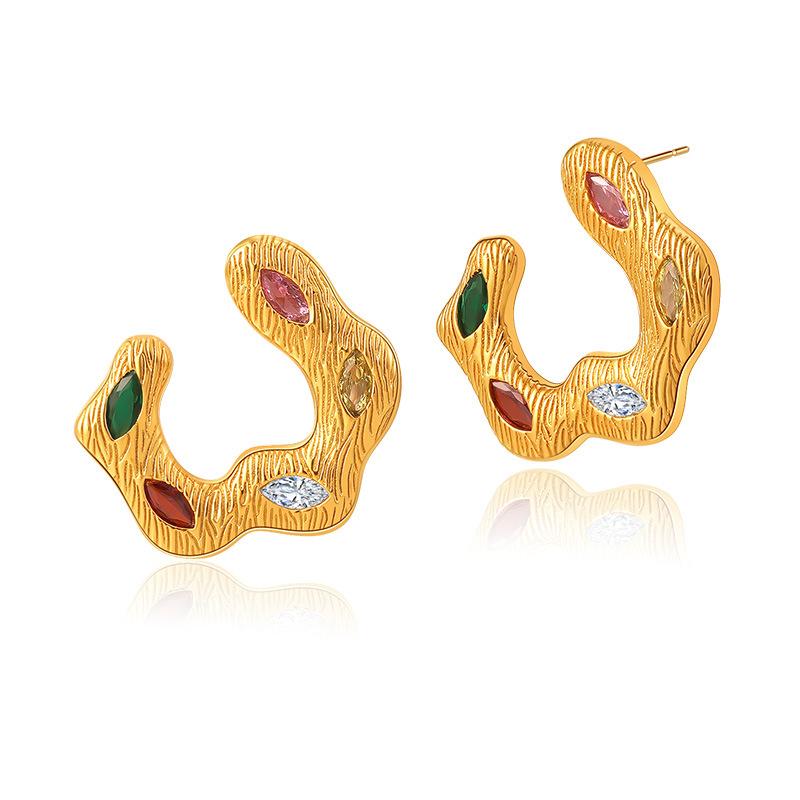Vintage Irregular 18k Gold Plated Colorful Zircon Metal Stud Earrings For Women