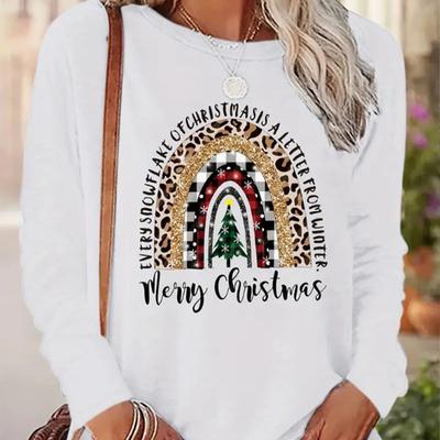 Топы для женщин с принтом рождественской елки и радуги, круглый вырез, длинный рукав, футболка, осенний повседневный тонкий пуловер, женский топ с длинным рукавом