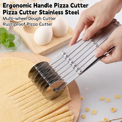 Нож для пиццы из нержавеющей стали с несколькими колесами и эргономичной ручкой. Подходит для использования на кухне, в пекарне. Необходим для выпечки, пиццы, теста, тортов.