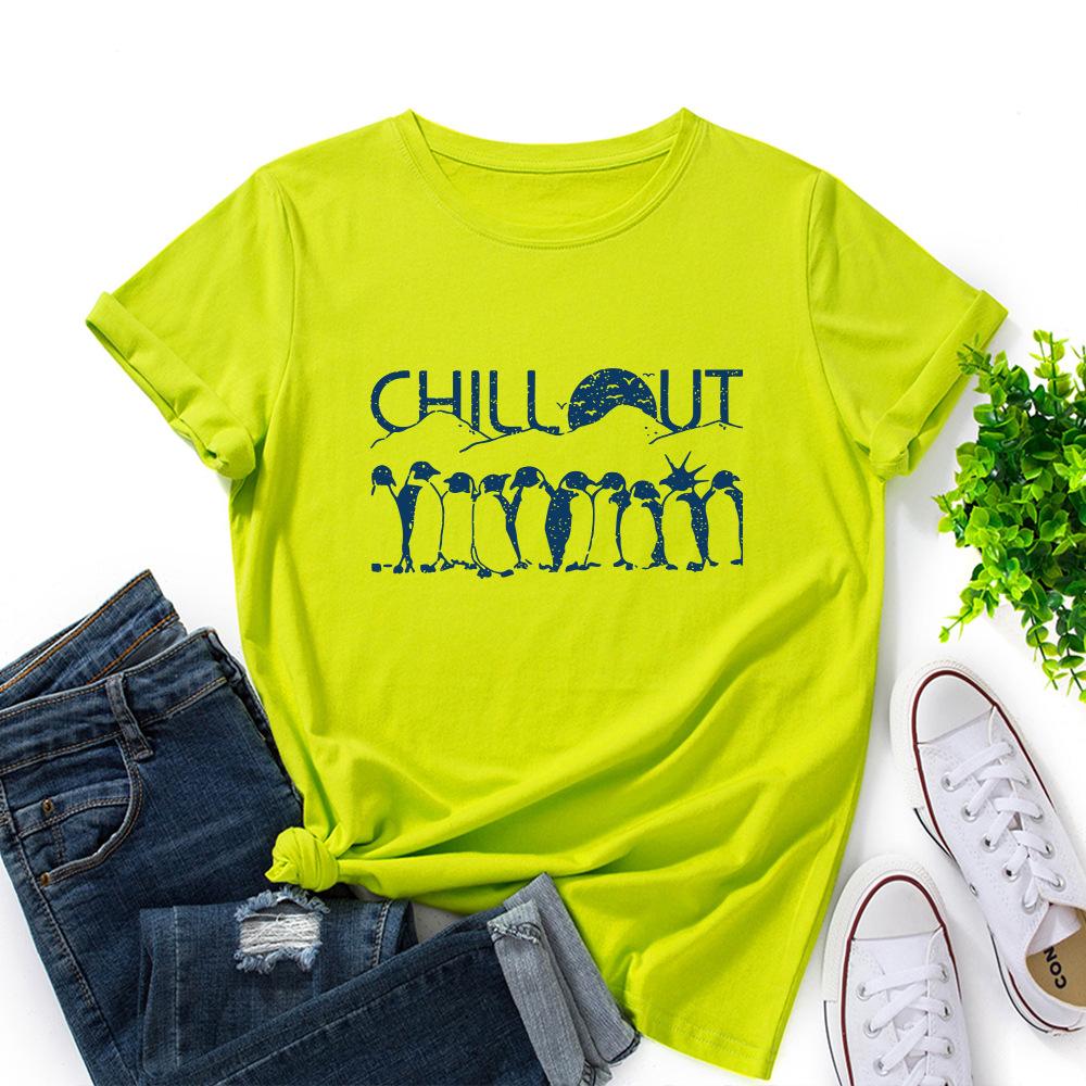 Хлопковая футболка с пингвином, с коротким рукавом, с круглым вырезом, женская, с 2D-принтом, топы