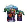 Colorful Cycling Pattern Print, Men's Short Sleeve Zip Up Cycling Jersey, Breathable Quick Drying Slim Fit Cycling Shirt For Men