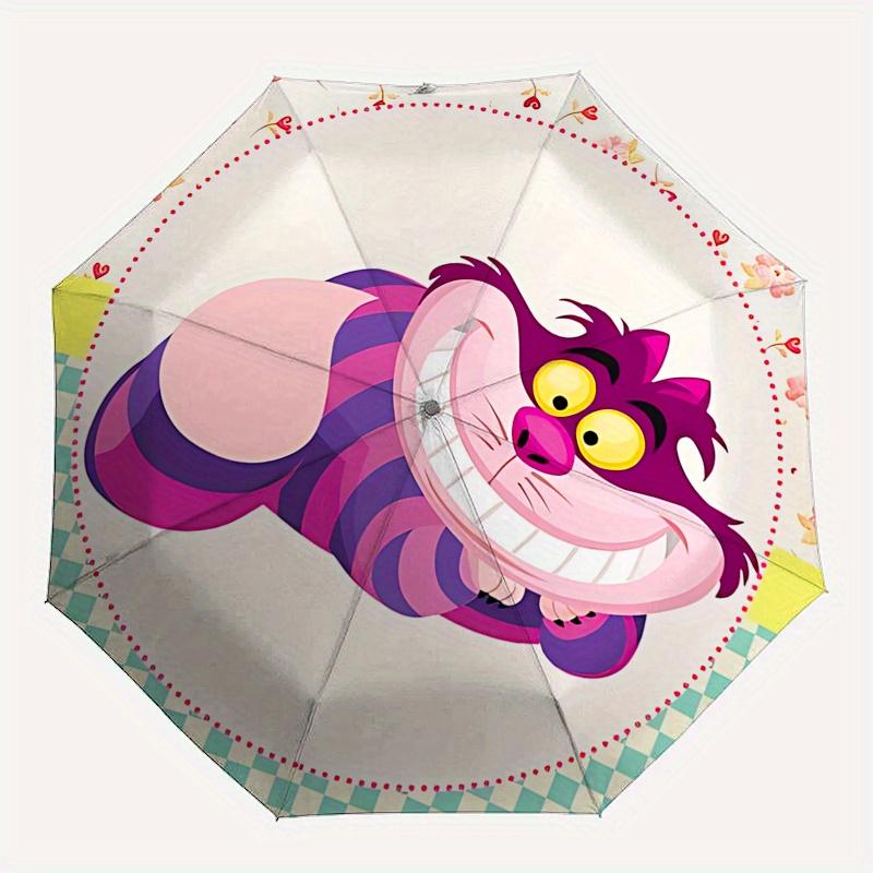 Disney Cheshire Cat, Alice in Wonderland Automatic Open/Close Umbrella - Cute Umbrella with Cute Design, Portable 3-Fold Compact Umbrella fo
