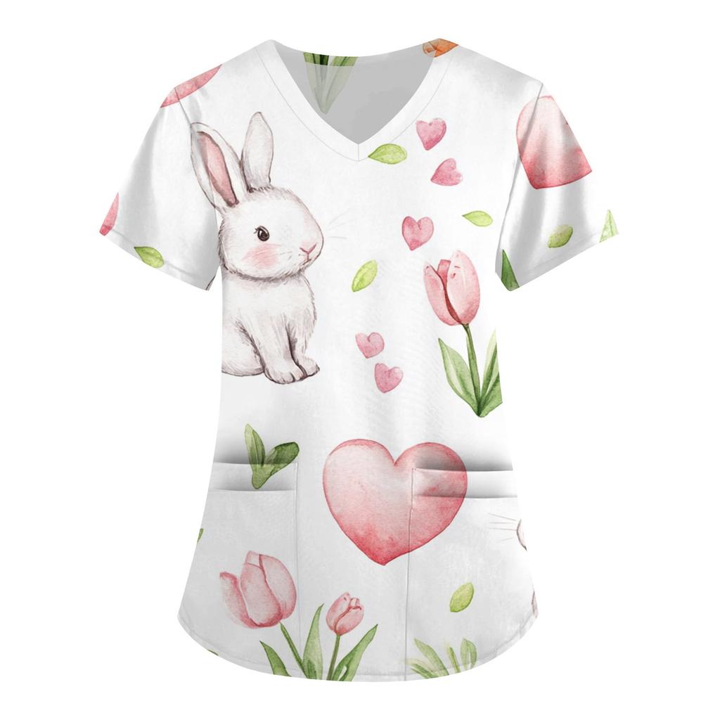 Женская модная рабочая одежда с V-образным вырезом и короткими рукавами, с карманами, с принтом в виде пасхального топа, одежда для ухода