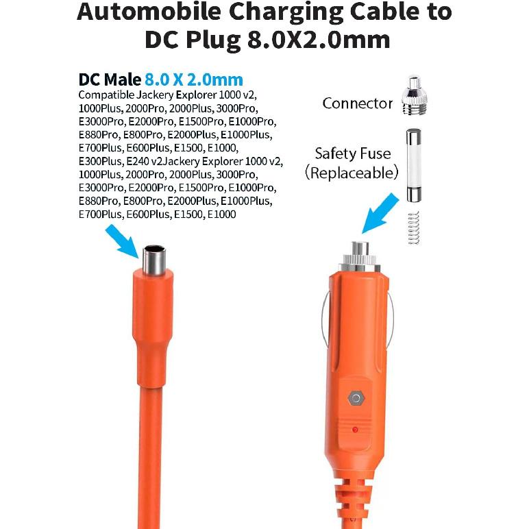 Автомобильный зарядный кабель DC8020 2M 16AWG для портативной электростанции Jackery Explorer 1000 v2/2000 v2, 15A от прикуривателя к 8-мм DC-штекеру, шнур питания