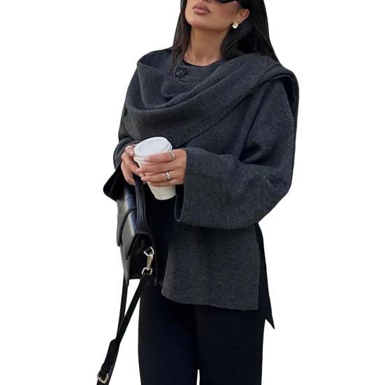 Женское пальто с шарфом, V-образным вырезом, свободным длинным рукавом, кардиганом, короткой курткой с шалью, однотонная повседневная верхняя одежда для поездок на работу и обратно на весну и осень