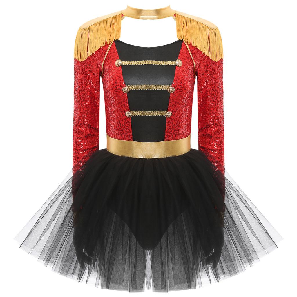 Women Sequins Circus Ringmaster Cosplay Costume Long Sleeve Fringed Shoulder Tulle Leotard Dress Halloween Dress Up Costume
