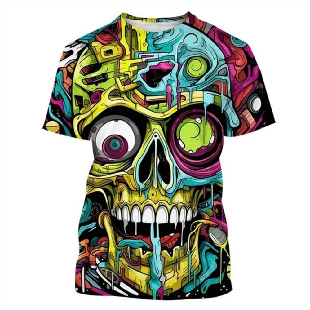 Fashion Colorful Street Graffiti Hip-hop Skull 3D Printing T-shirt Men and Women's Casual T-shirt Short-sleeved Tops Outdoor Street Clothing